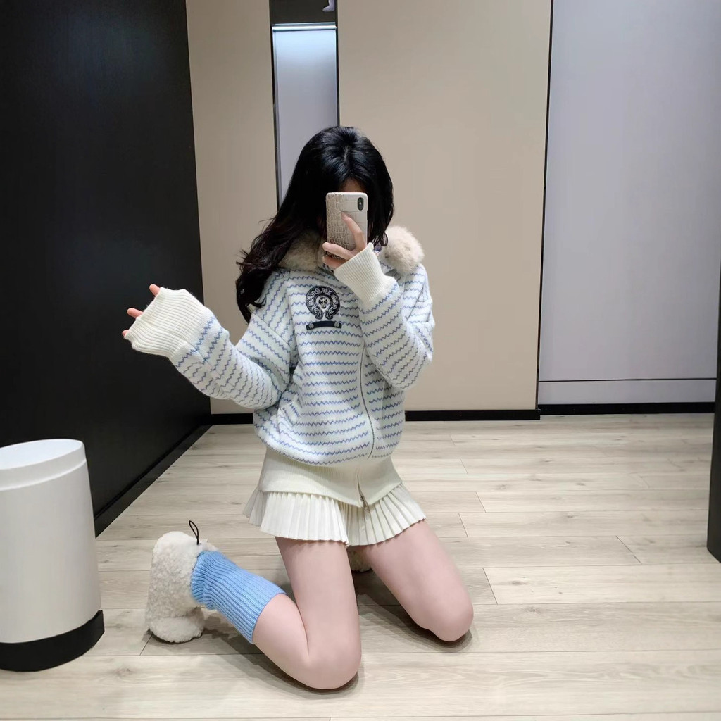 MKOA Chrome Hearts Autumn and Winter New Thickened Striped Hooded Towel Cardigan Sweater Fashion Ver