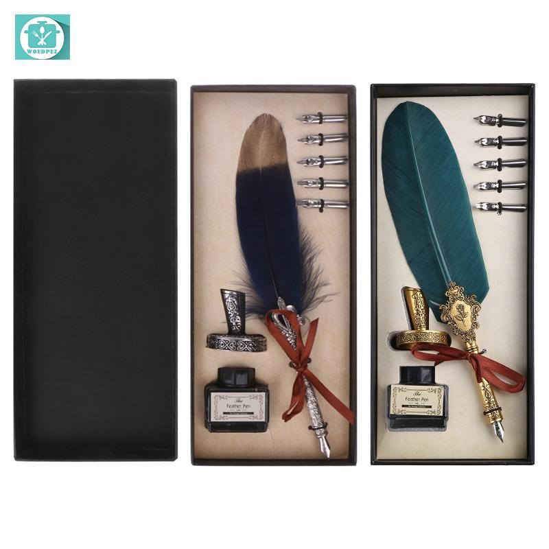 Vintage Feather Quill Dip Pen Fountain Pens With Ink +5 Nibs Set Stationery