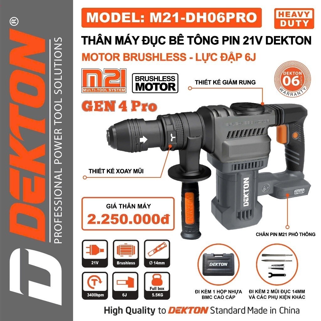 Máy Đục Bê Tông Pin 21V DEKTON M21-DH06PRO Gen 4 Lực Đập 6J -chính hãng DEKTON