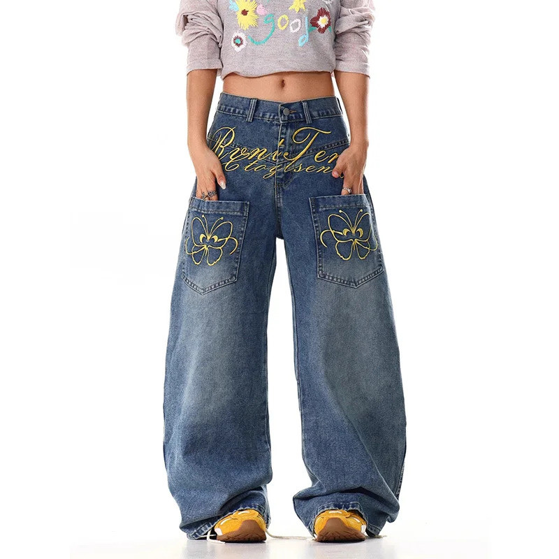 ZH [Sẵn sàng] Quần nữ Y2k Jeans Baggy Jeans Y2k Quần rộng Thêu cổ điển Quần loe dáng rộng Quần jean 