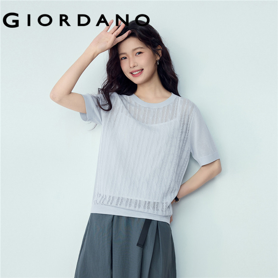GIORDANO WOMEN Short sleeve cable knit eyelet sweater 13356245