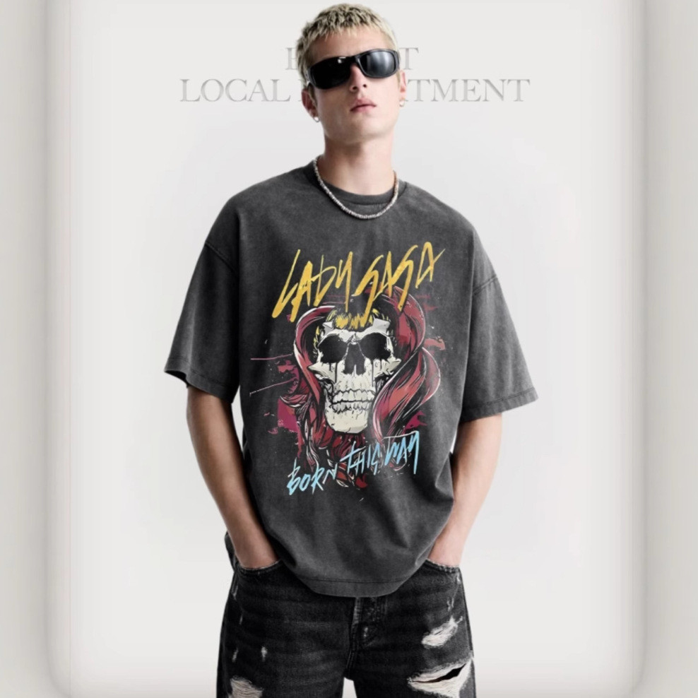 PGIW Vintage Summer High Street Retro Washed Street Couple Outfit Skull Print Short Sleeve T Men's T