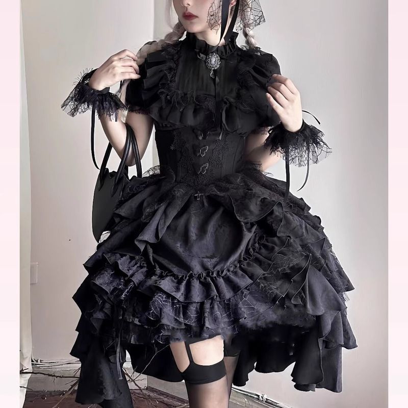 Đen Phong Cách Gothic lolita lolita Đen Trắng Áo Sơ Mi Nâng Váy Nữ Phong Cách Gothic Váy Hai Mảnh Nữ