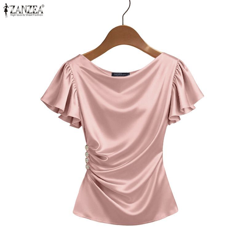 ZANZEA Nữ Vintage Thanh Lịch Sang Trọng Cổ Xoay Ruffle Tay Áo Xếp Ly Satin Chắc Chắn Áo | BigBuy360 - bigbuy360.vn