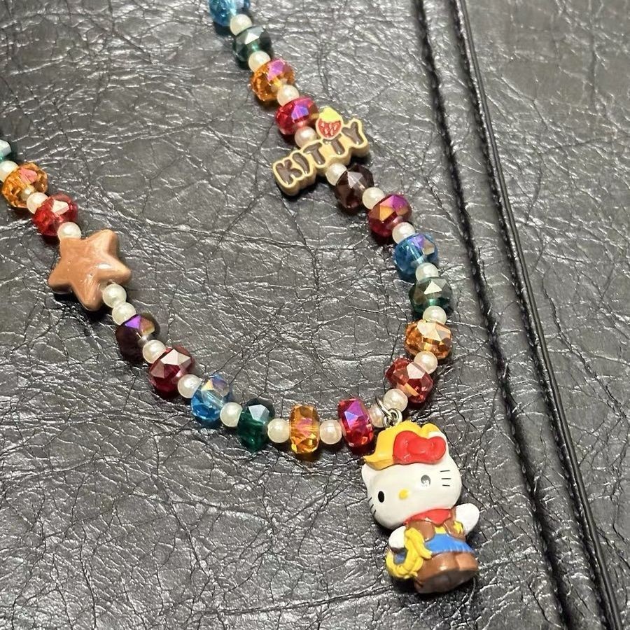 HelloKitty Denim Hello Kitty Nơ Đỏ Đính Hạt Vòng Cổ Dopamine Ngọt Mát Nóng Cô Gái Xương Đòn Dây Xích