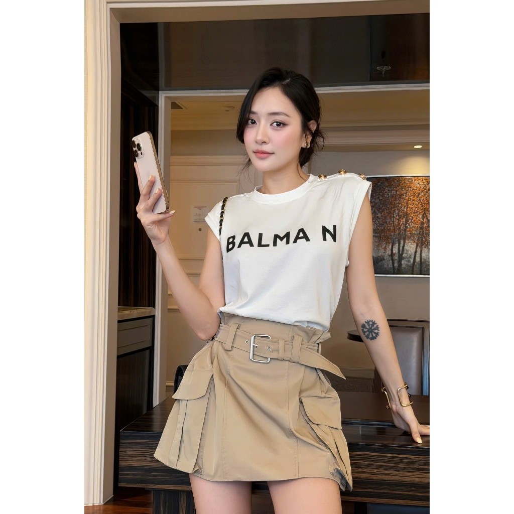 VENDU - Set Áo BALMAIN Phối Chân Váy Kaki Túi Hộp Đai Lưng Cá Tính ChouChou