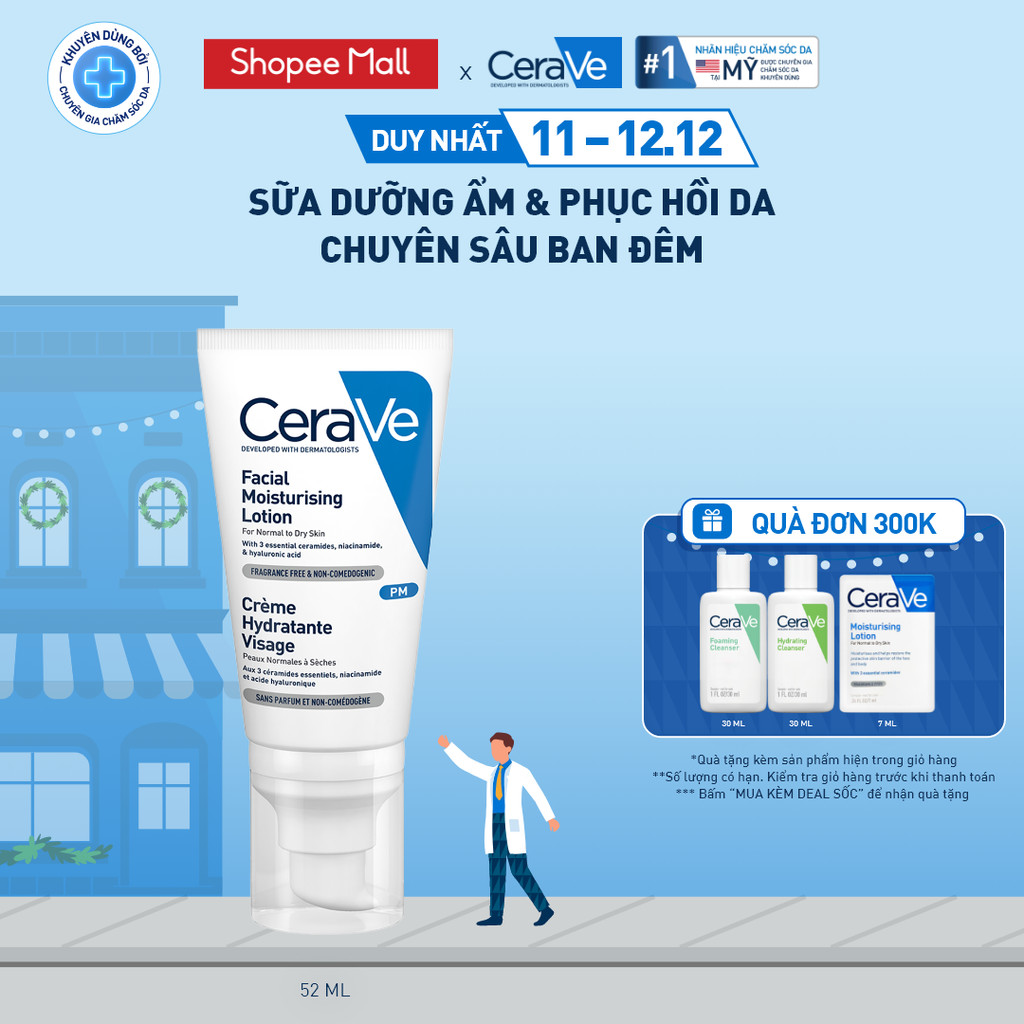 Sữa dưỡng ẩm phục hồi sâu và giữ da ẩm mịn, duy trì hàng rào bảo vệ da ban đêm CeraVe PM Facial Moisturising Lotion 52ML