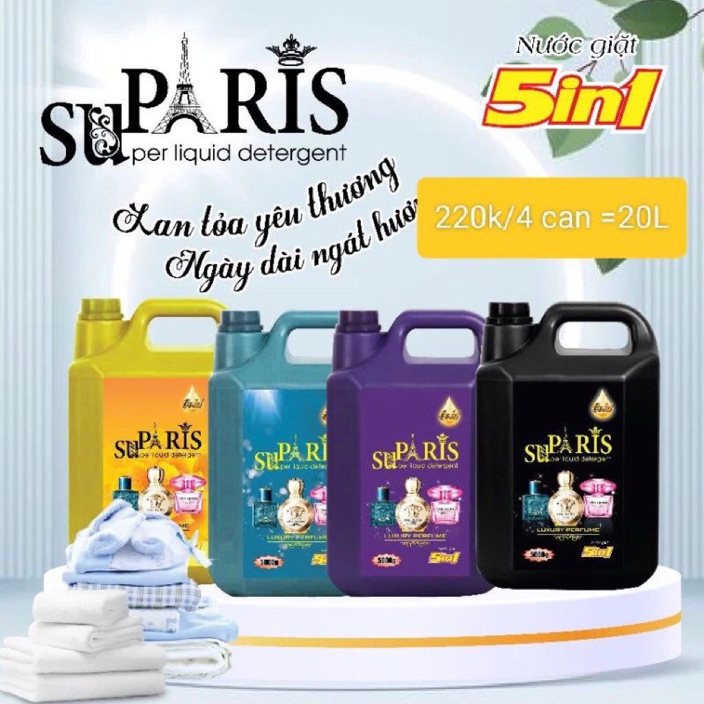 Thùng 4 can hoặc 4 túi  nước giặt 5L SuParis ( 4 can*5L= 20L, 4 túi*3,6l=14,4L)