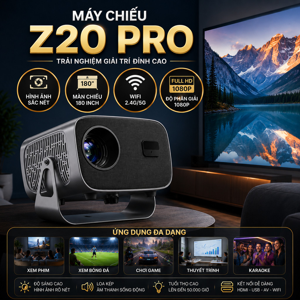 Máy Chiếu Z20 Pro – Màn Chiếu 180 Inch, WiFi 5G, Bluetooth, Android 11, Giải Trí Đa Phương Tiện Hiện