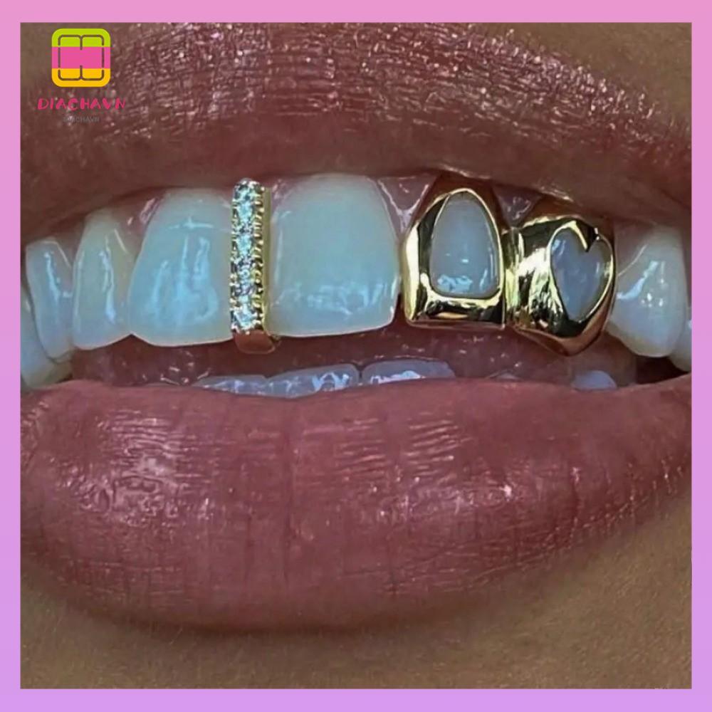 DIACHAVN Hip Hop Răng Grillz, Màu Vàng Sáng Bóng Grillz, Trái Tim Rỗng Đôi Trái Tim Đồng Răng Mũ Tra