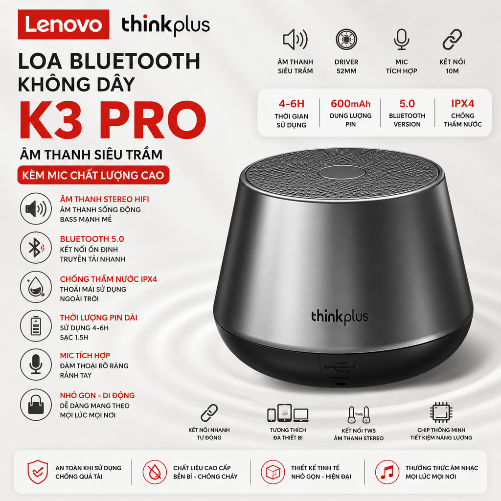 Lenovo Loa bluetooth Không Dây k3 pro Âm Thanh Siêu Trầm Kèm Mic Chất Lượng Cao | BigBuy360 - bigbuy360.vn
