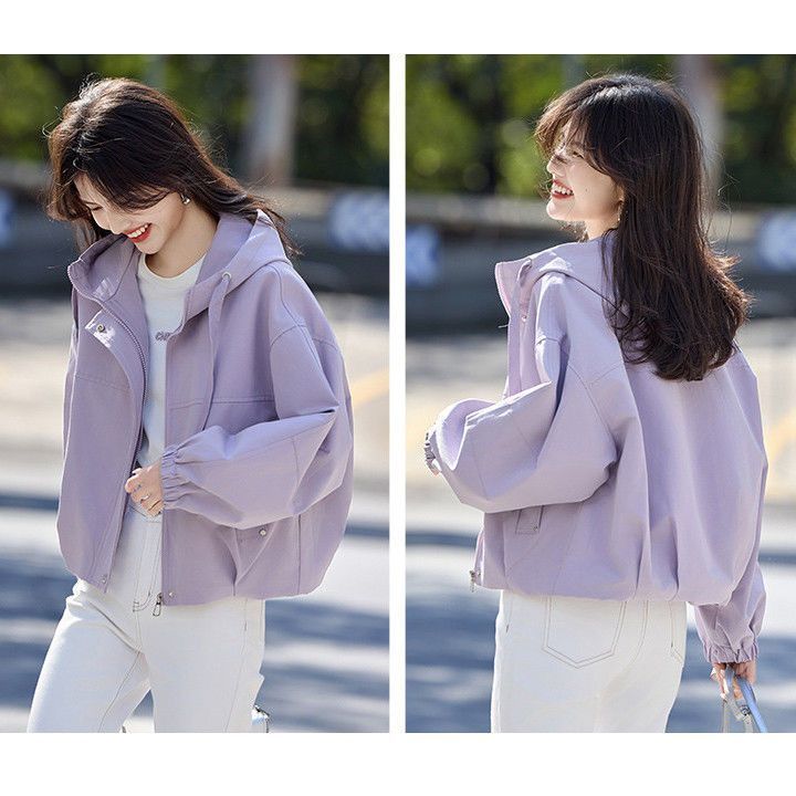 Áo khoác có mũ trùm đầu ngắn đi lại 2025 Áo khoác mùa xuân thu nhỏ dáng rộng Áo khoác thường ngày Áo