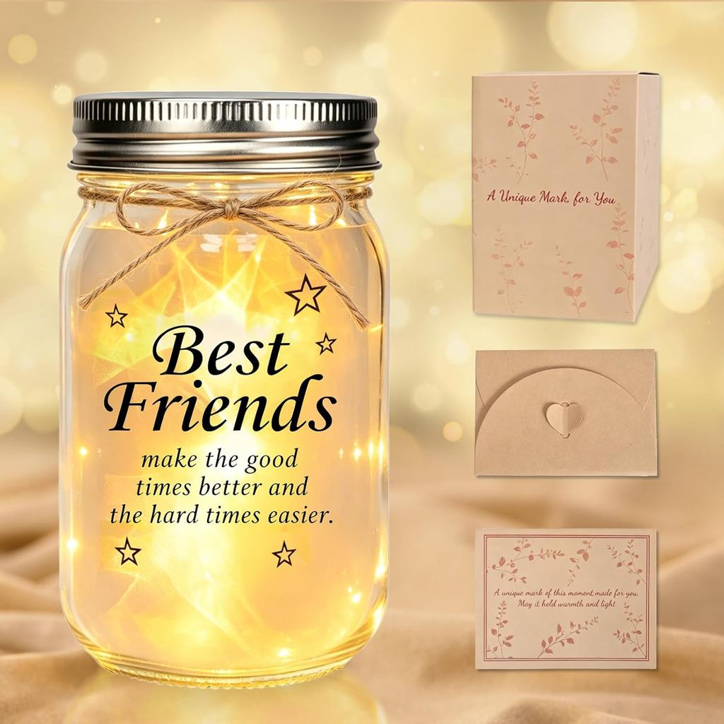 Quà tặng sinh nhật bạn thân nhất & Bestie dành cho nữ, Đèn ngủ Mason Jar tình bạn, Đồ lưu niệm Besti