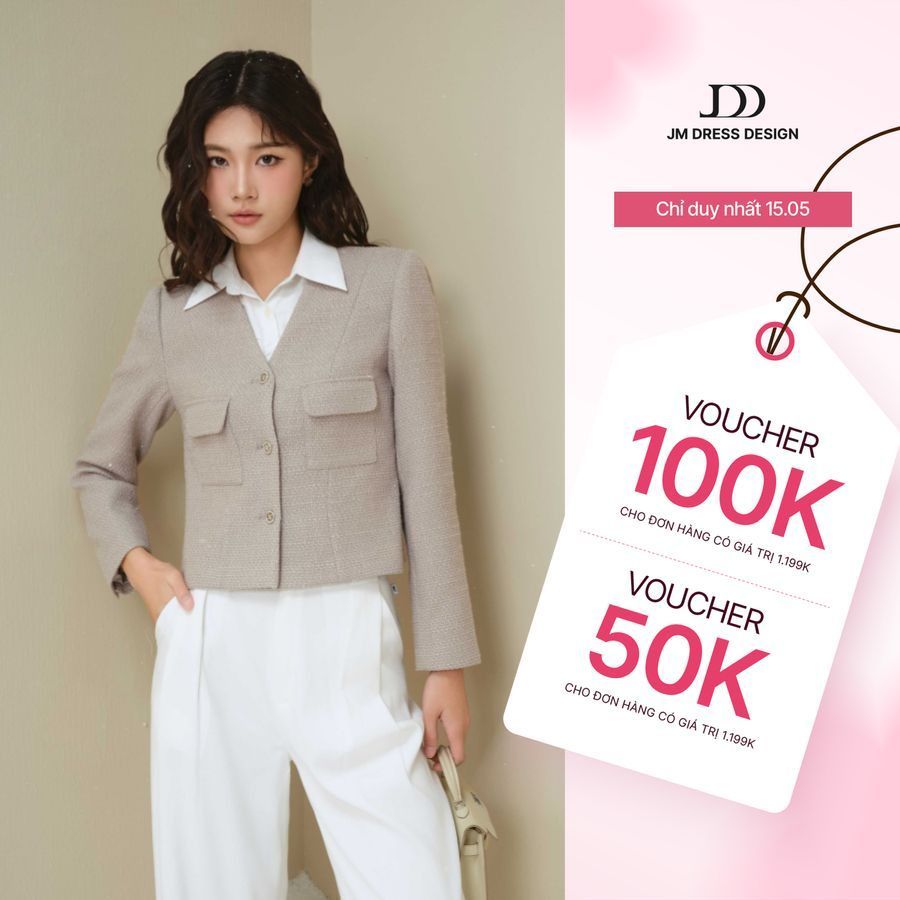 Áo khoác tweed cổ V 2 túi ốp có nắp 5T06.2411TW thiết kế bởi JM Dress Design