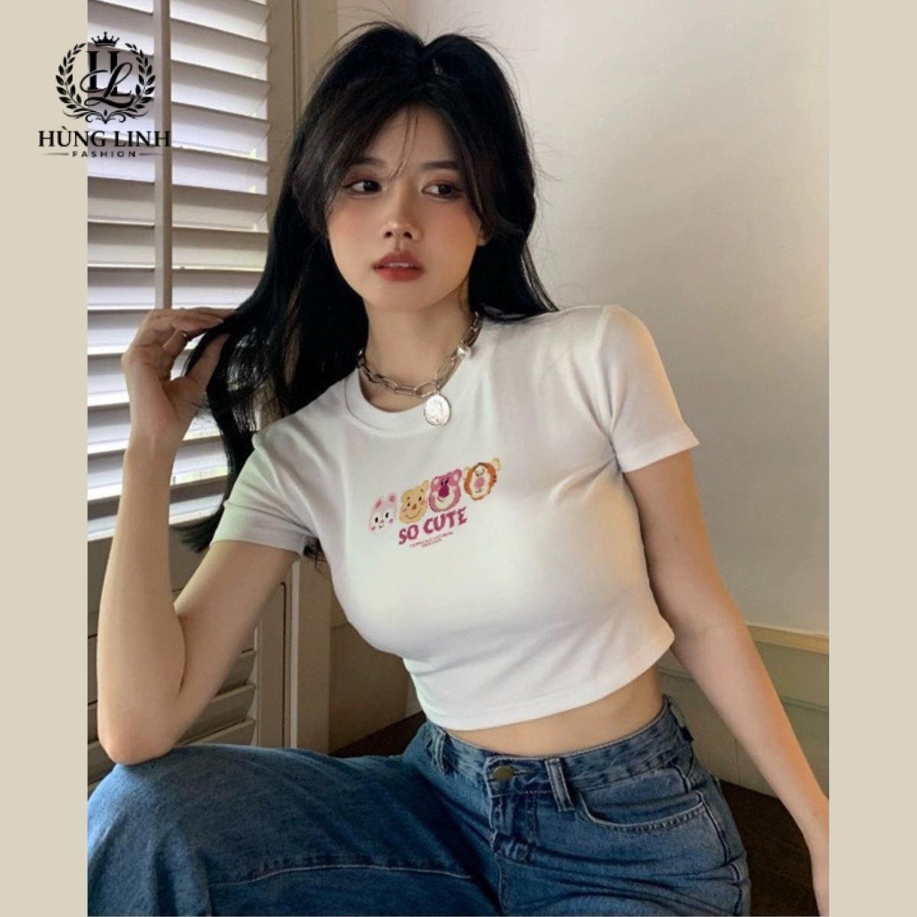 Áo croptop cổ tròn tay ngắn DaaLaa Store in hình icon gấu So Cute