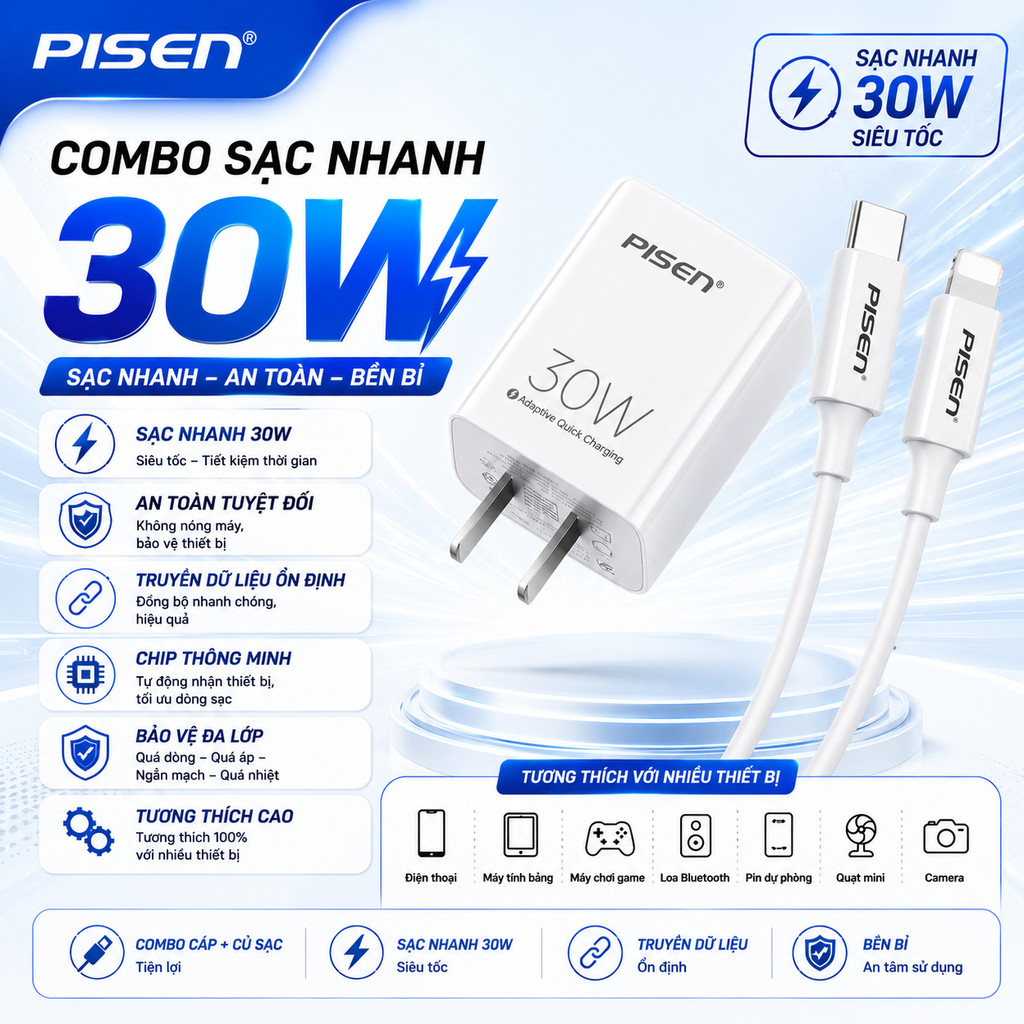Pisen 30W / 20W Bộ sạc / Củ Sạc PISEN QUICK PD 20W / 30W (  bán lẻ củ hoặc dây  ) - Bảo hành 6 tháng