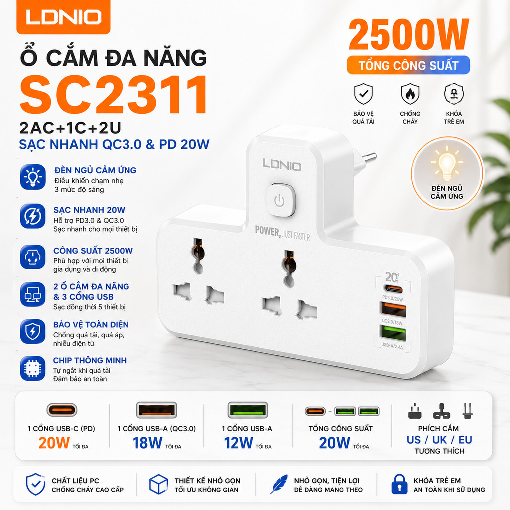 LDNIO sc1418 Bộ Sạc Điện Để Bàn 2 Mét 2500W Bộ Sạc 65W USB-C Hỗ Trợ Ổ Cắm Điện Dây USB sc5415 sc2311