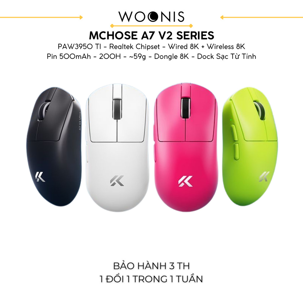 Chuột Gaming Không Dây Mchose A7 V2 Pro+/Ultra+, Đế Sạc Từ Tính, PAW3950 TI, 42000DPI, Chipset Realt