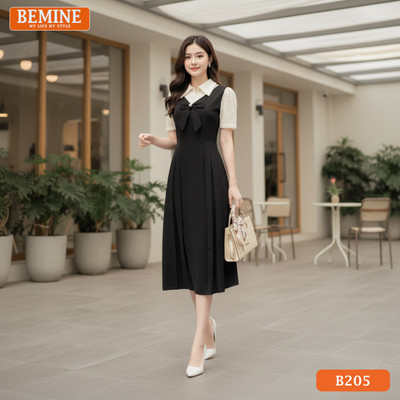 Đầm thiết kế BEMINE cổ sơ mi phối ren có dây nơ đính nút dáng chữ A phù hợp đi làm-B205
