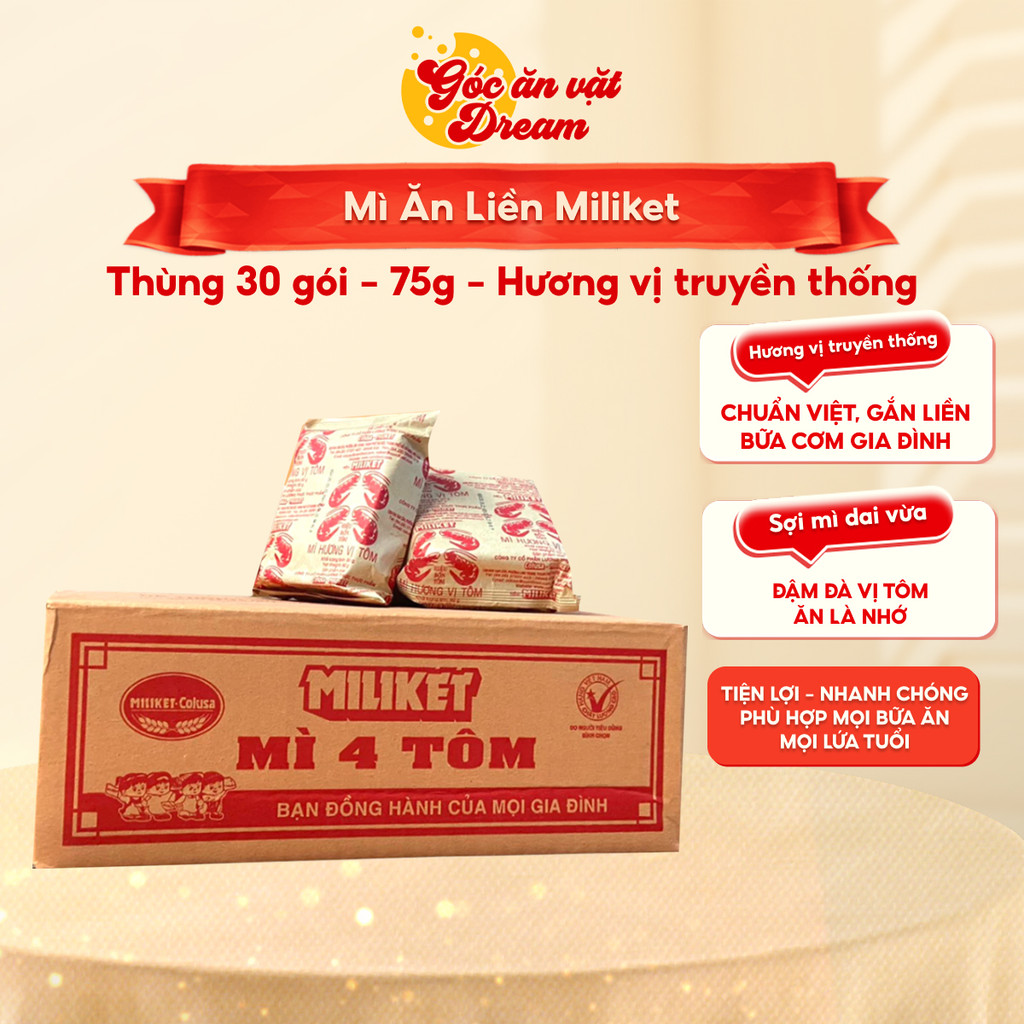  Mì Tôm Miliket 4 Tôm | Mì Gói Truyền Thống | Gói 75g Thùng 30 