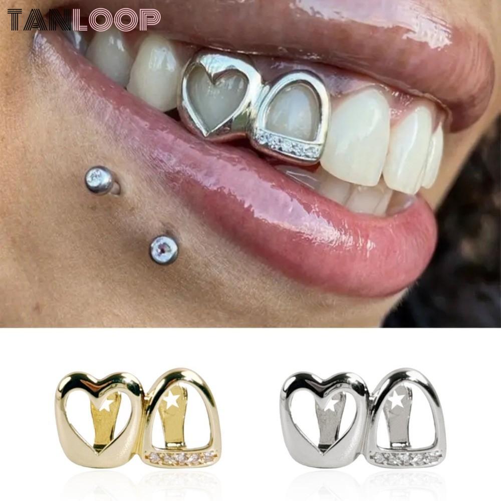 Tanloop Grillz Răng Hip Hop Trái Tim Rỗng Sáng Bóng, Màu Vàng Cho Nữ