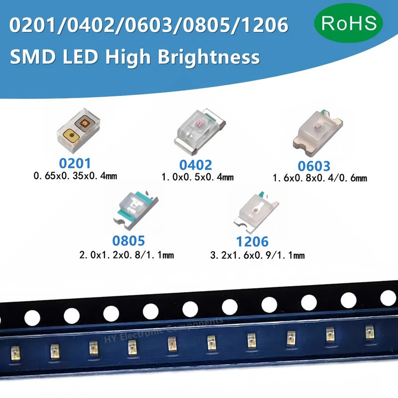 100 CHIẾC 0201 0603 0805 1206 SMD LED Trắng Ấm Đỏ Xanh Vàng Cam Hồng Trắng Xanh Tím SMD Đèn LED Diod