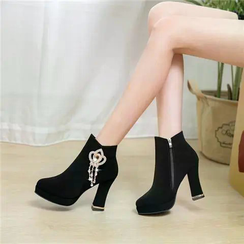Mùa Thu Đông Siêu Cao Gót Chống Thấm Nước Nền Tảng Martin Boots Nữ Bên Dây Kéo Nước Kim Cương Martin