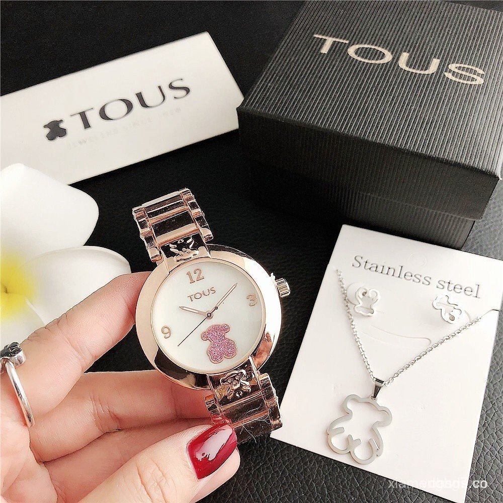 Đồng hồ 3Lindo và Bộ bông tai nữ mới Vòng cổ bằng thép không gỉ 2022 Gấu miễn phí TousInJYIM DXI0