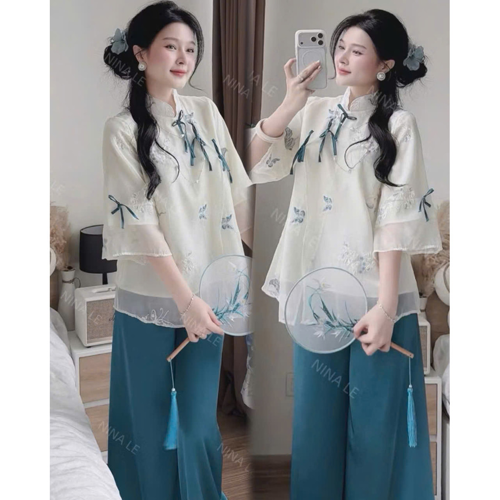 (HÀNG BIGSIZE NỮ 45KG ĐẾN 90KG) NT2221 Set Lam Áo Tơ Thêu Ngọc Diệu – Quần Lụa Satin Cao Cấp NT2221