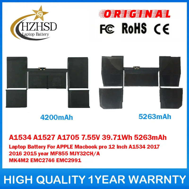 A1534 A1527 A1705 7.55V 39,71Wh 5263mAh Pin Laptop Cho APPLE Macbook pro 12 Inch A1534 2017 2016 201