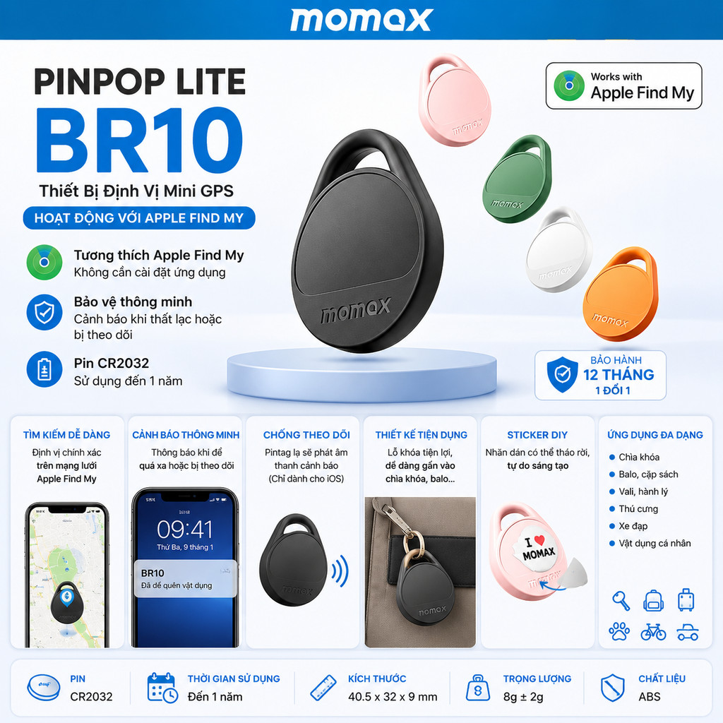Thiết bị định vị Momax Pinpop Lite - Apple Find My Tracker | Cảnh Báo Thông Minh | Pin CR2032