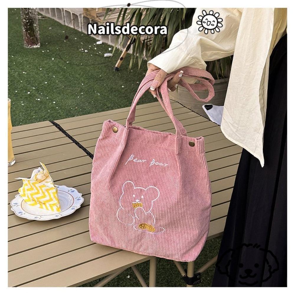 NAILS Túi đeo vai vải nhung nữ, Túi xách nhung hình vuông, Túi mua sắm Cotton hình gấu nhỏ có dây ké