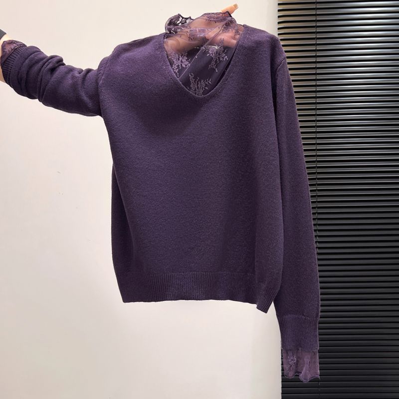 [Andy Fleece] Áo len dài tay ren khâu, phong cách phương tây cho thu đông