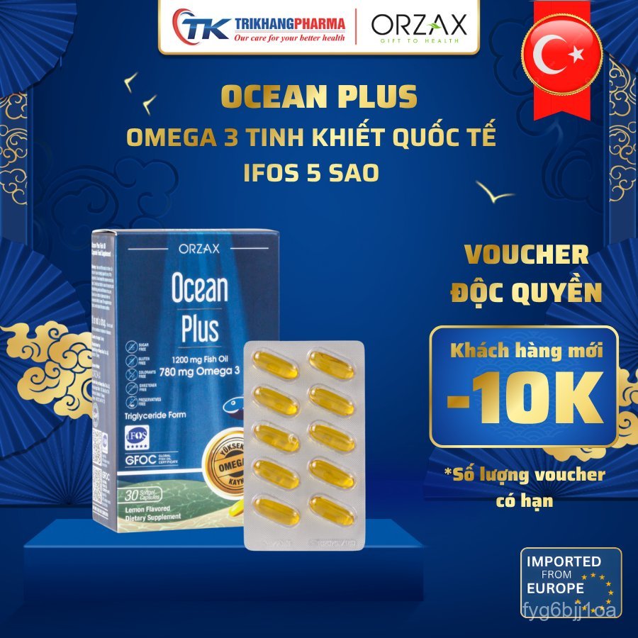 Omega 3 Ocean Plus Tinh Khiết Đậm Đặc ORZAX Nhập Khẩu Châu Âu Giúp Hỗ Trợ Não Bộ, Mắt, Tim Mạch 30 V