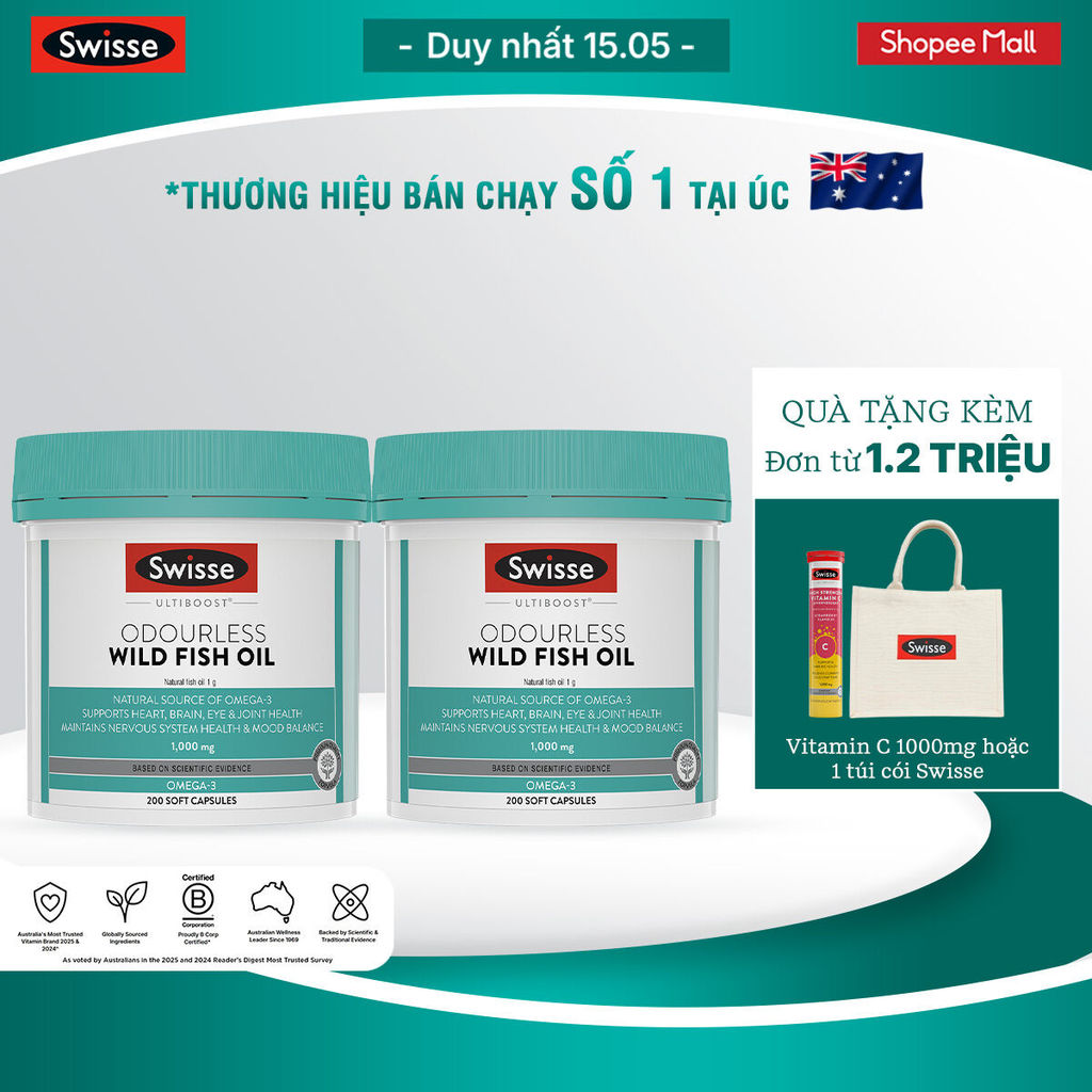 Combo 2 lọ dầu cá Swisse Ultiboost Odourless Wild Fish Oil 1000mg 200 viên/lọ