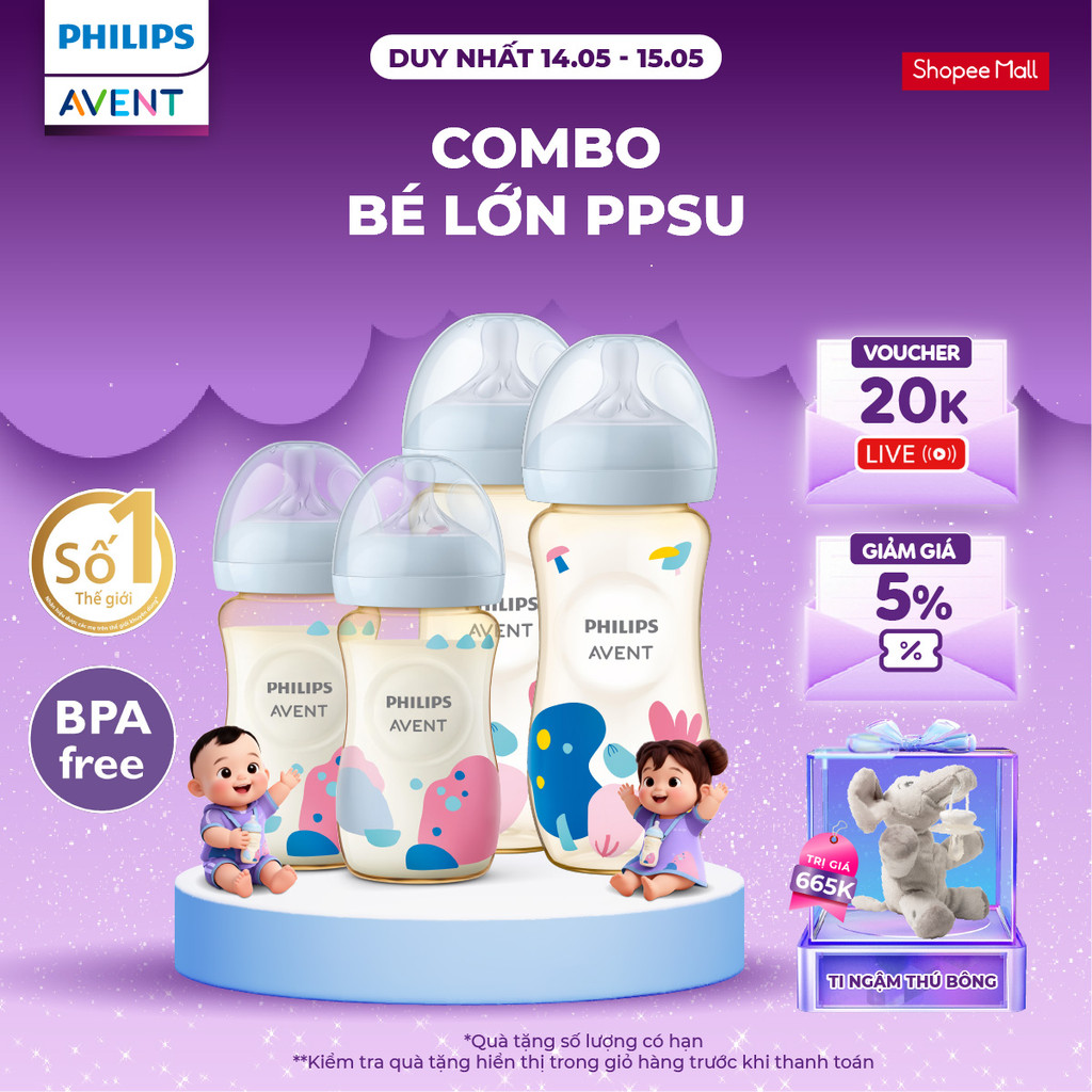 Combo bé lớn PPSU - 4 Bình sữa mô phỏng tự nhiên PPSU Philips Avent, chống sặc, chống đầy hơi, 260ml