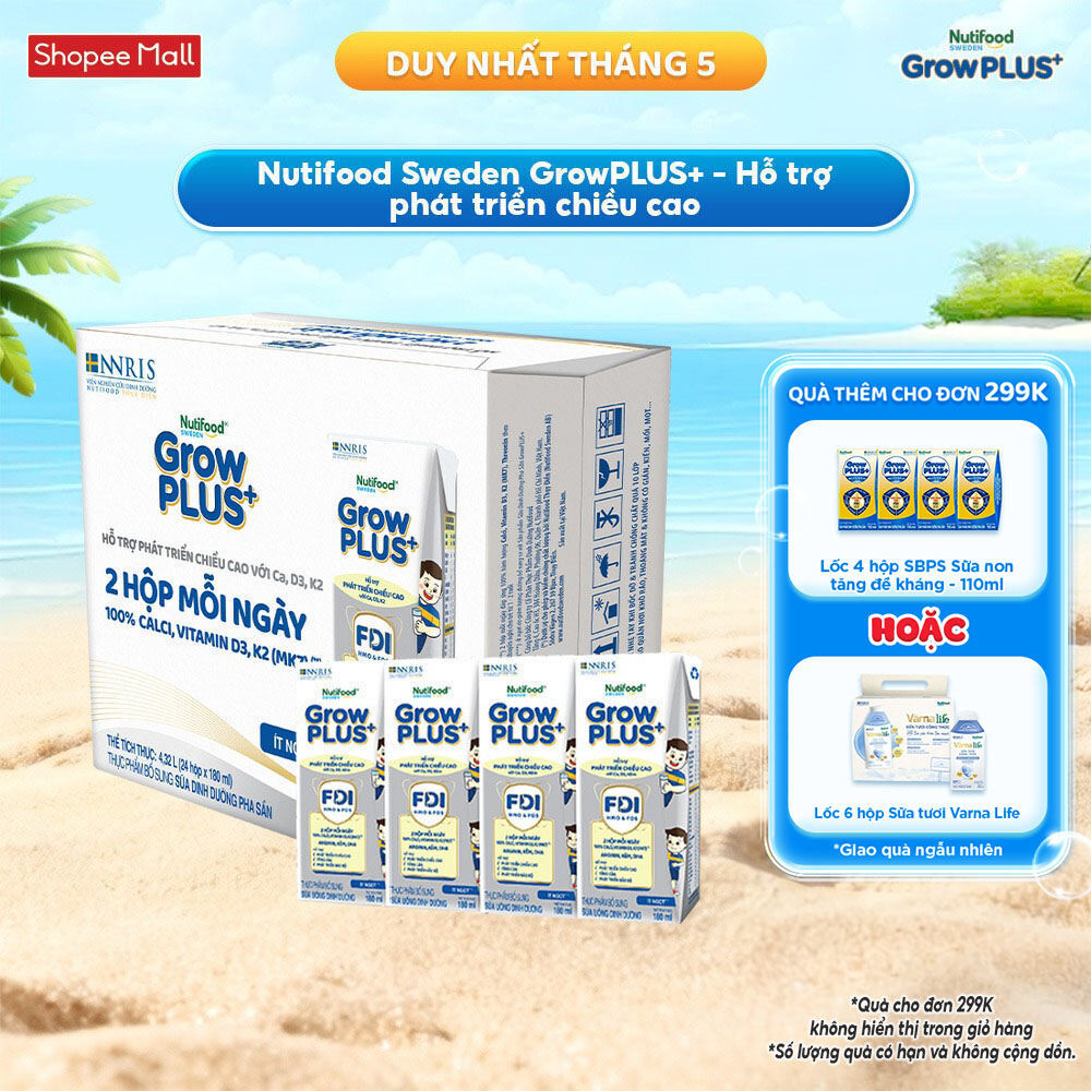 Thùng 24 hộp Sữa Bột Pha Sẵn Nutifood Sweden GrowPLUS+ Cao lớn vượt trội 24 hộp 180 ml