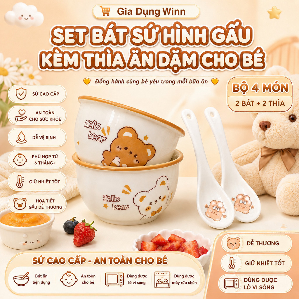 bát sứ cute ,bát sứ cho bé, set bát gấu, bát lợn , bát bò sữa