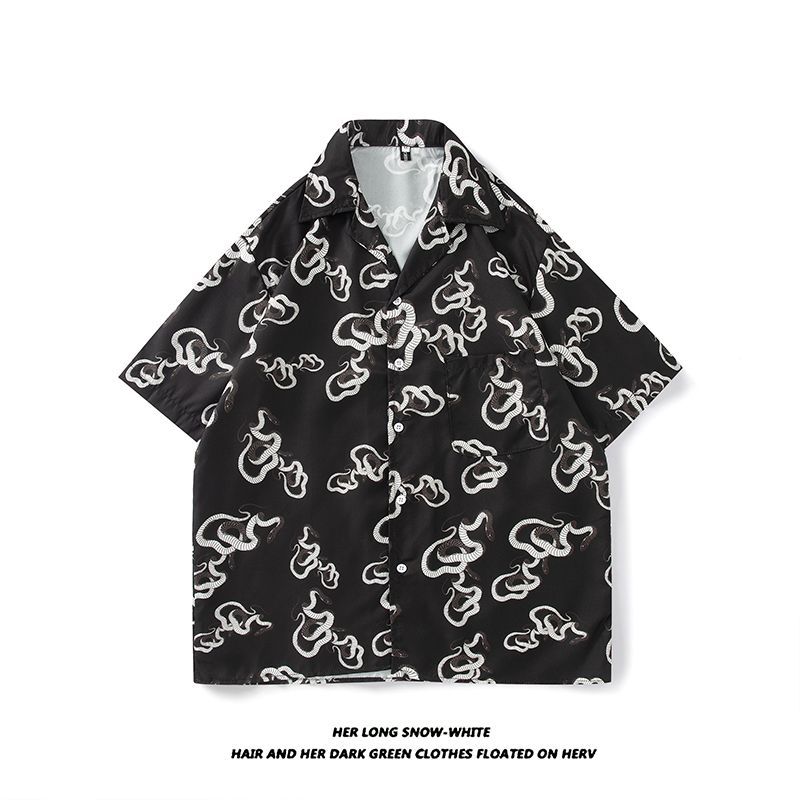 Retro Áo sơ mi đỏ rắn in hình full tay ngắn, phong cách Hawai - E096