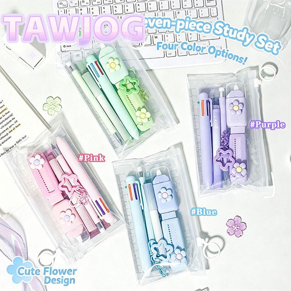 TAWJOG 7 Bộ Văn Phòng Phẩm Dễ Thương, Bộ Viết Tab Chỉ Số Chủ Đề Hoa, Kawaii Push Pull Eraser Correct