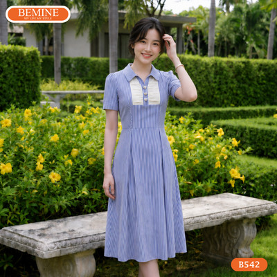 Đầm thiết kế BEMINE cổ sơ mi kẻ sọc dáng chữ A phù hợp đi làm-B542