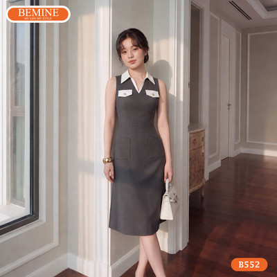 Đầm thiết kế BEMINE cổ sơ mi sát nách nắp túi giả dáng chữ A phù hợp đi làm-B552