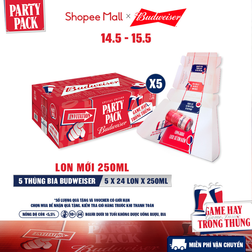 Nồng Độ Cồn 5.0% - Combo 5 Thùng 24 Lon Bia Budweiser PartyPack Chính Hãng (250ml/lon)