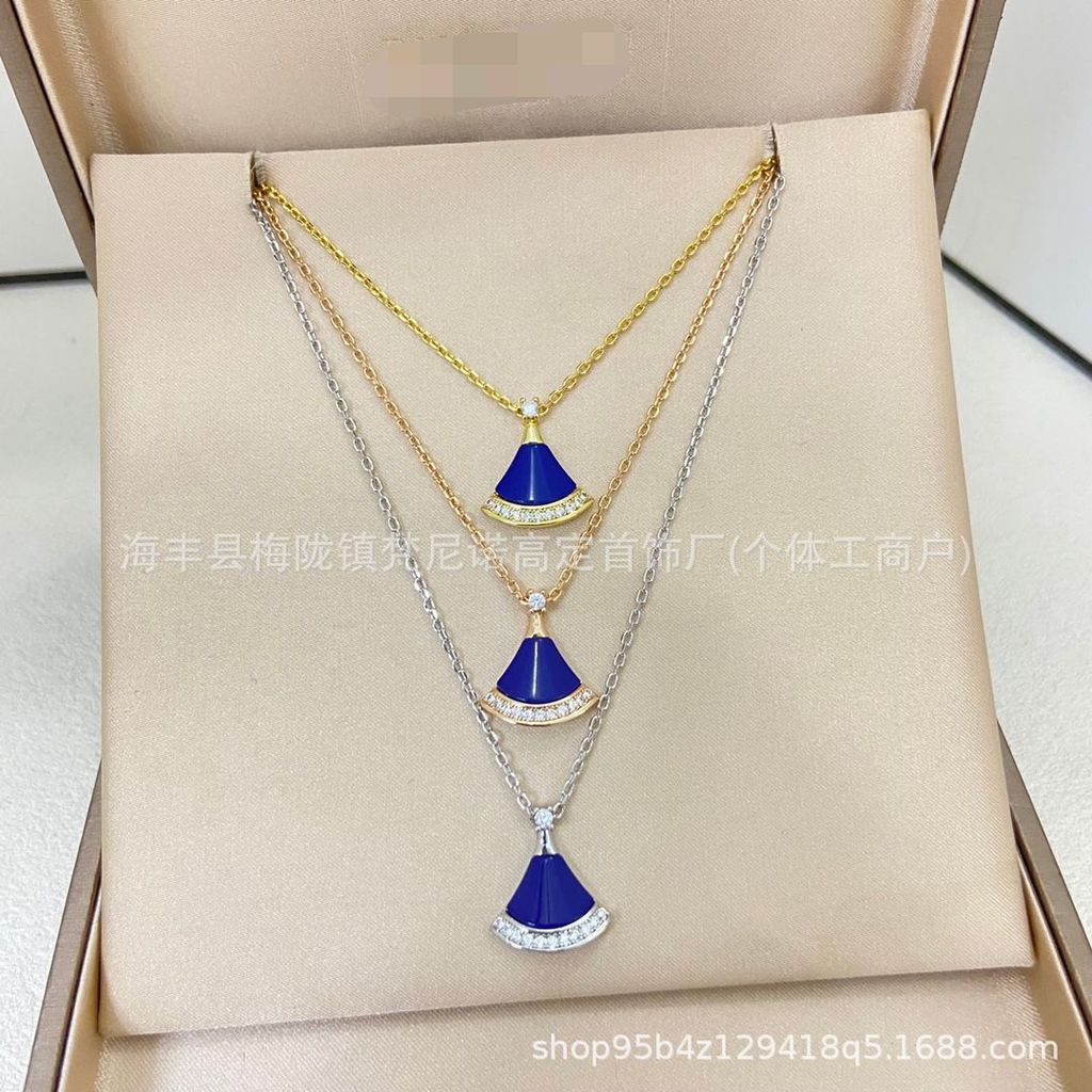Lapis lazuli mini skirt necklace and mini skirt earrings plated18K Gold fan-shaped tail diamond neck