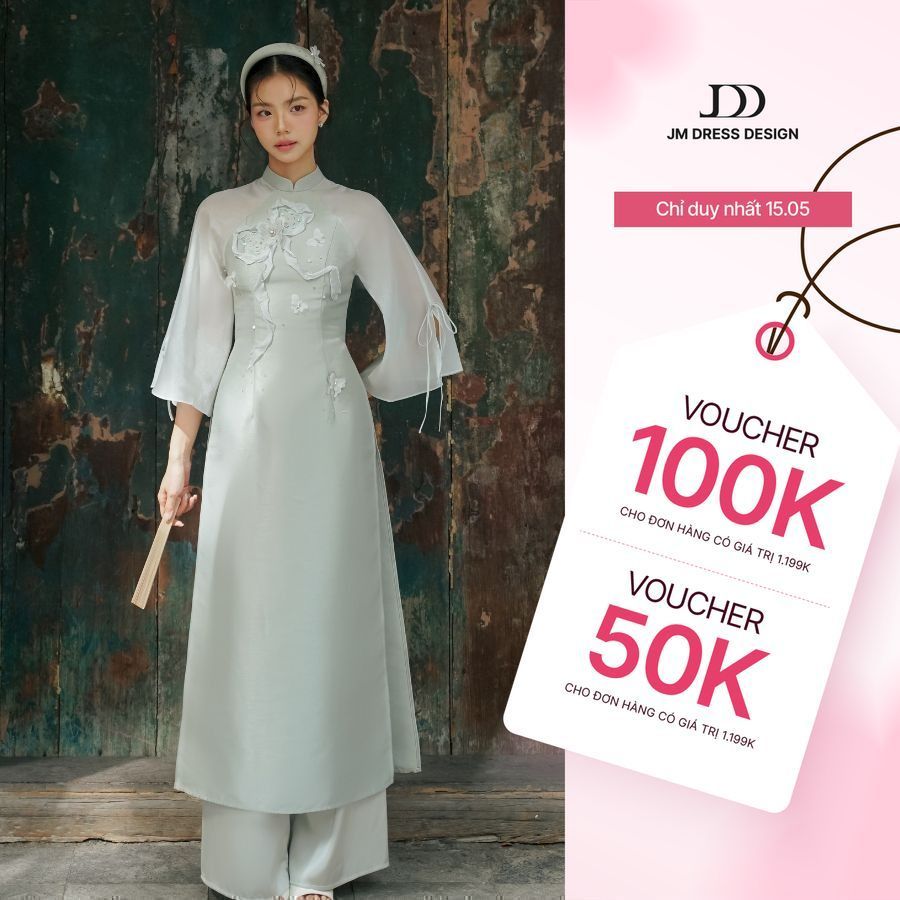 Áo dài Mị Sắc - Áo dài cổ tàu đính nơ, tay xẻ nơ 2M03.2410TF, áo dài cách tân thiết kế bởi JM Dress 