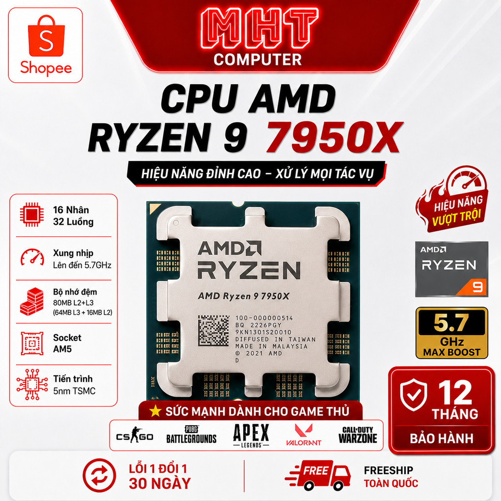 CPU AMD Ryzen 9 7950X Tray (4,5 GHz Boost 5,7 GHz | 16 Cores / 32 Threads | 64 MB Cache| PCIe 5.0)