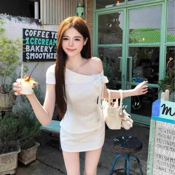 Set Áo Trễ Vai Phối Nơ Mix Chân Váy Ngắn(Váy có lót quần bảo hộ) Hb.studio S124 | BigBuy360 - bigbuy360.vn