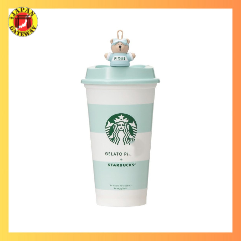 Cốc dùng lại viền kẻ Starbucks x Gelato Pique màu xanh bạc hà 473ml kèm nắp Bearista