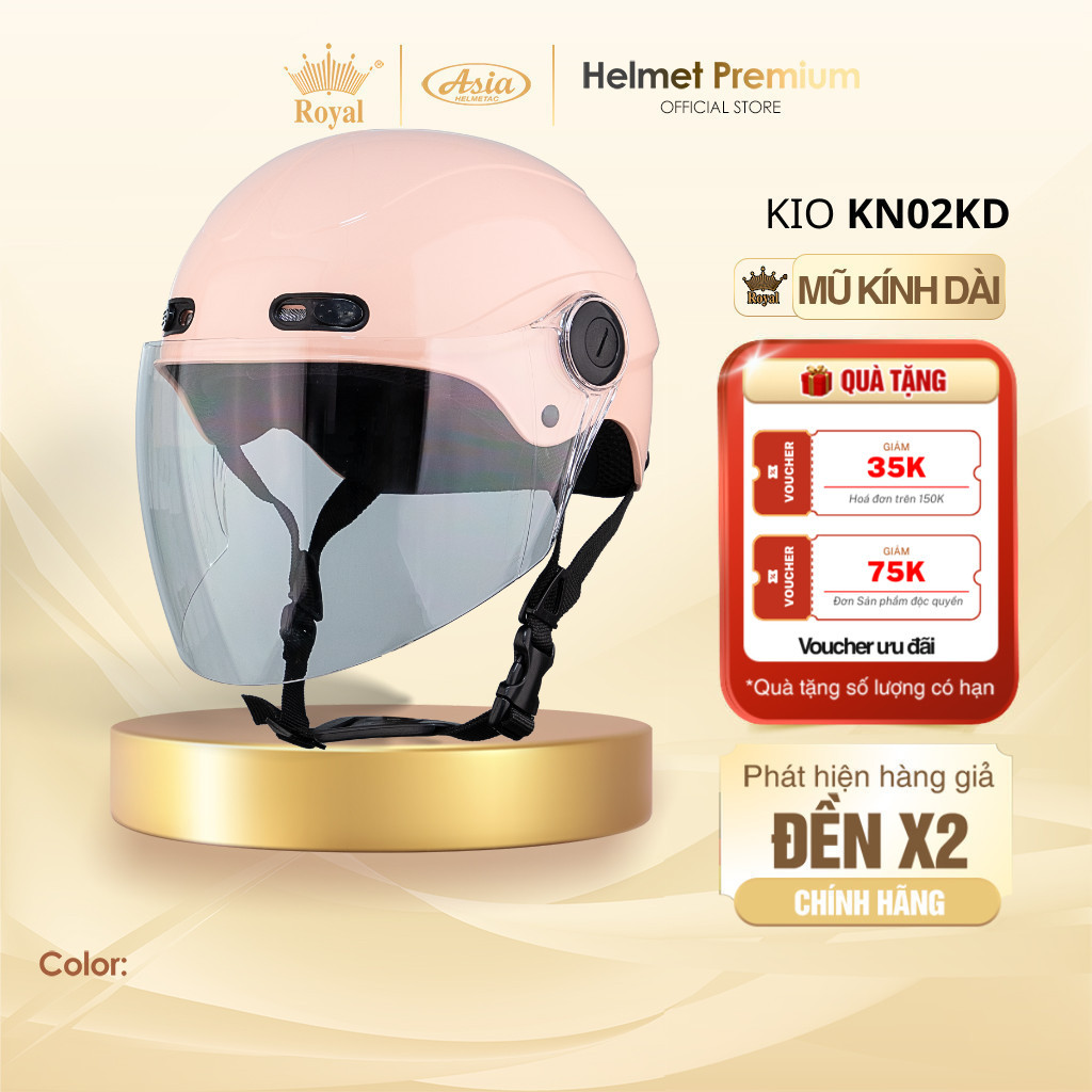 [KIO x Royal Helmet] Mũ Bảo Hiểm Nửa Đầu Kio KN02KD, Kính Dài Phủ Nano Hạn Chế Tia UV, Lớp Lót Êm Ái
