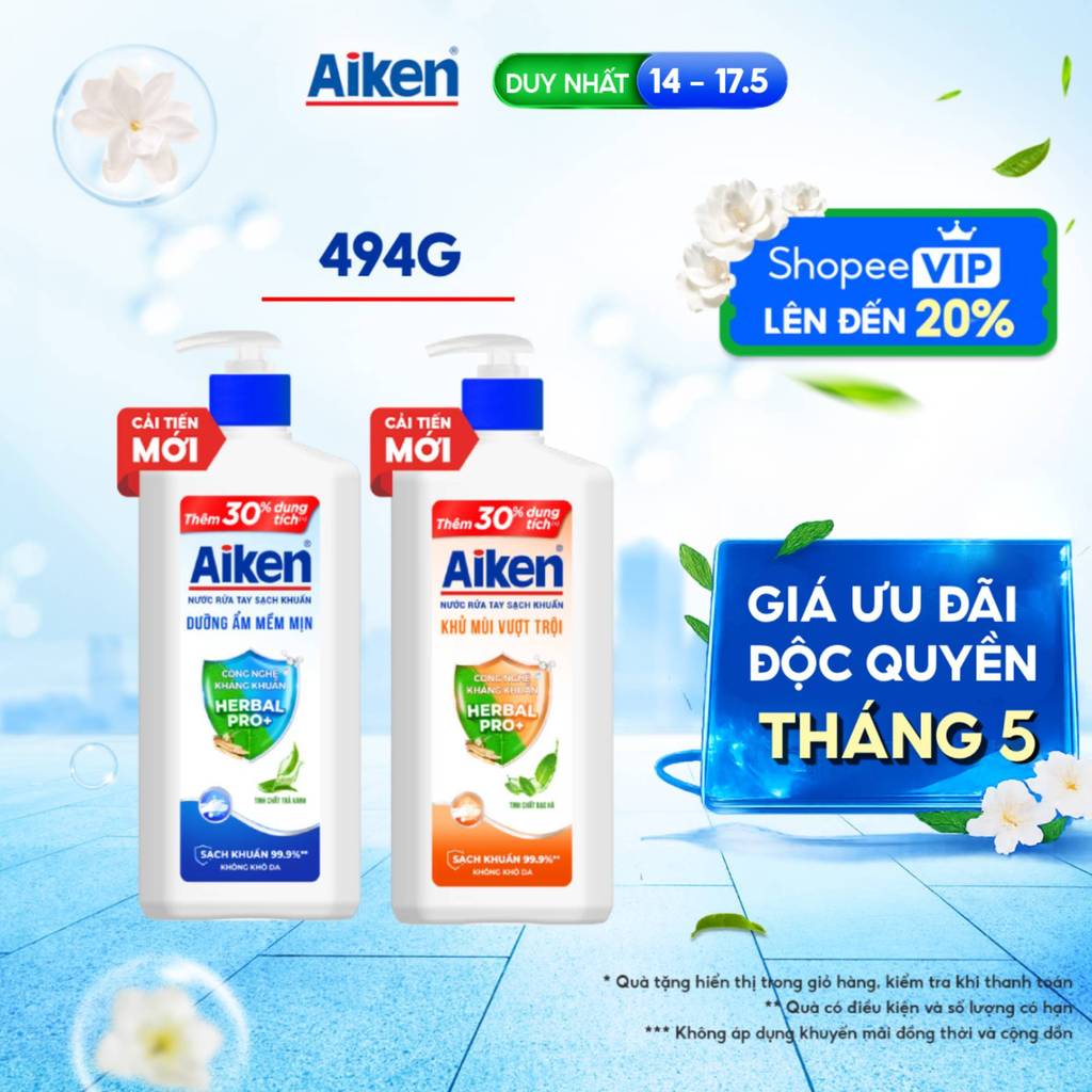 Nước rửa tay Aiken Sạch khuẩn Dưỡng ẩm / Khử mùi 494g